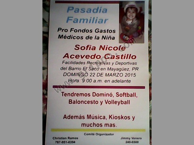Pasadia Familiar Pro Fondos Gastos medicos de la Niña sofia Nicole