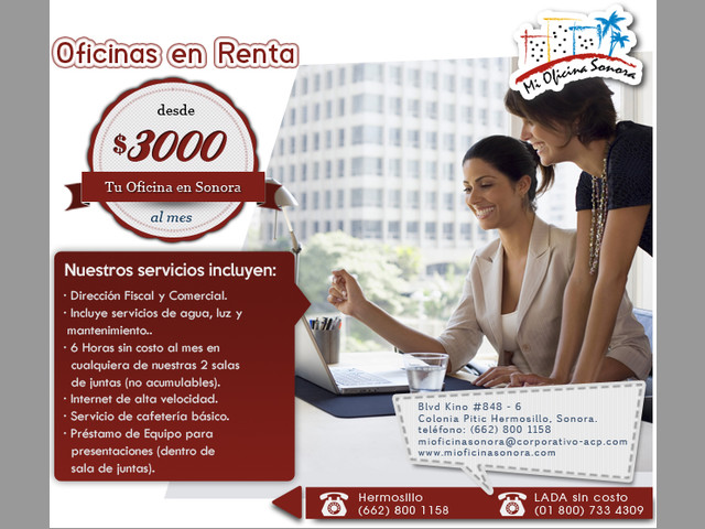 Renta de Oficinas Físicas Desde 3000 mxn HILLO SON