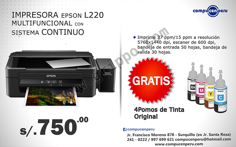 IMPRESORA EPSON L220 MULTIFUNCIONAL CON SISTEMA CONTINUO MAS REGALO